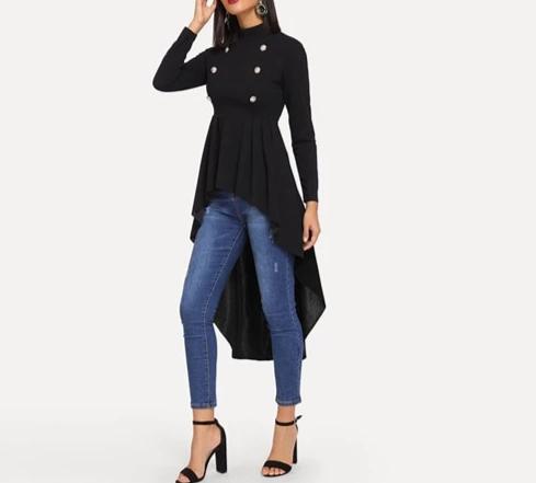 Double Button Salute Dip hem top long-sleeve